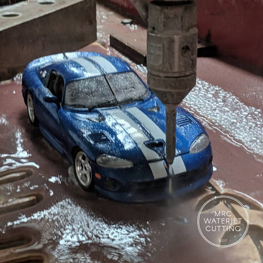 Testing the Waterjet on a 1:18 die cast Dodge Viper to proove that we can cut just about anything